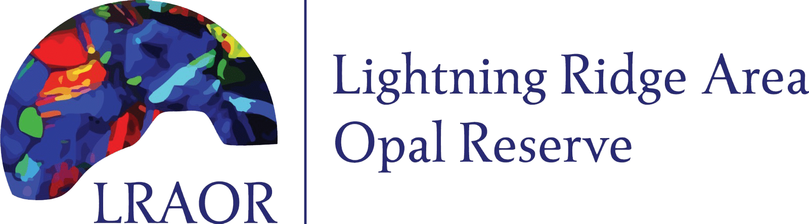 Logo for Lightning Ridge Area Opal Reserve featuring a colorful, abstract opal illustration on the left and the text "Lightning Ridge Area Opal Reserve LRAOR" in blue on a light background.
