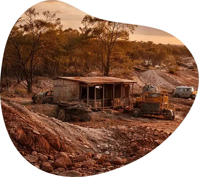 A rusty, abandoned shack stands among old vehicles and machinery on a rocky, barren landscape, with trees in the background and a warm, golden sunset sky overhead.