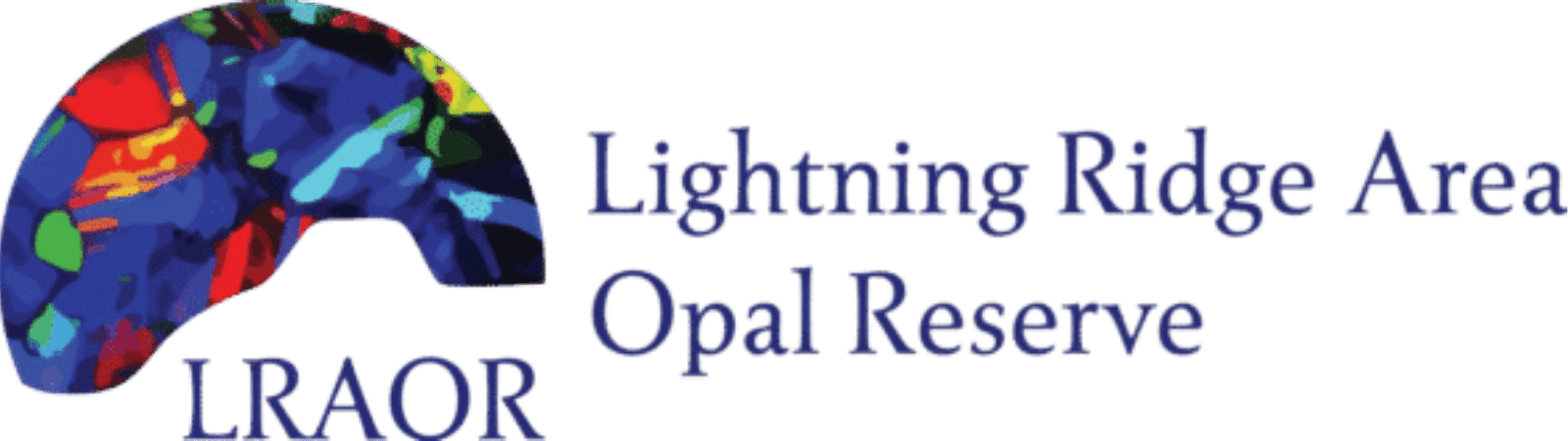 Logo for Lightning Ridge Area Opal Reserve (LRAOR) featuring a colorful opal gemstone illustration on the left with the organization's name in blue text on the right.